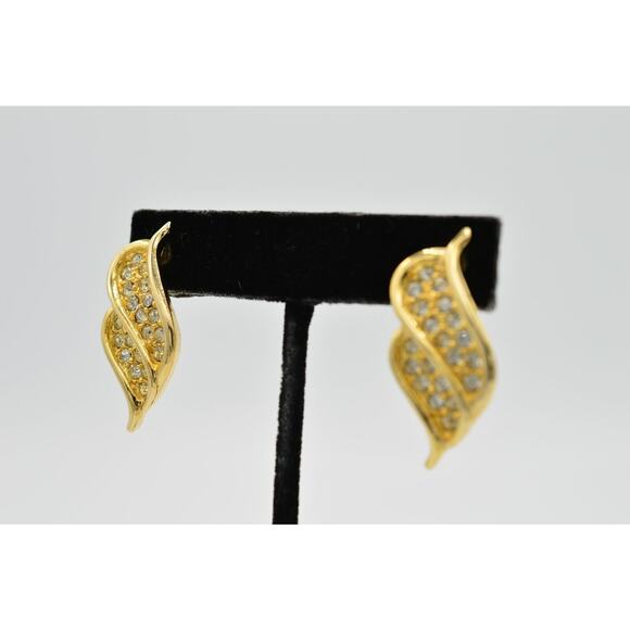 Vintage Leaf Earrings Shiny Pave Rhinestone Crystal Gold Dangle 1980s 9C - Picture 3 of 7